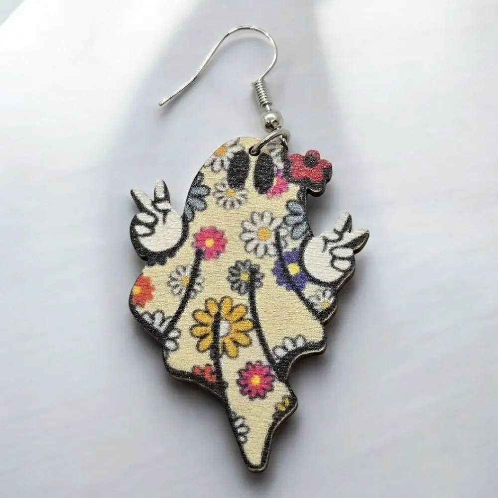 Ghost Peace Earrings Cute Spooky Halloween Jewelry Wooden Dangle Hippie Gothic